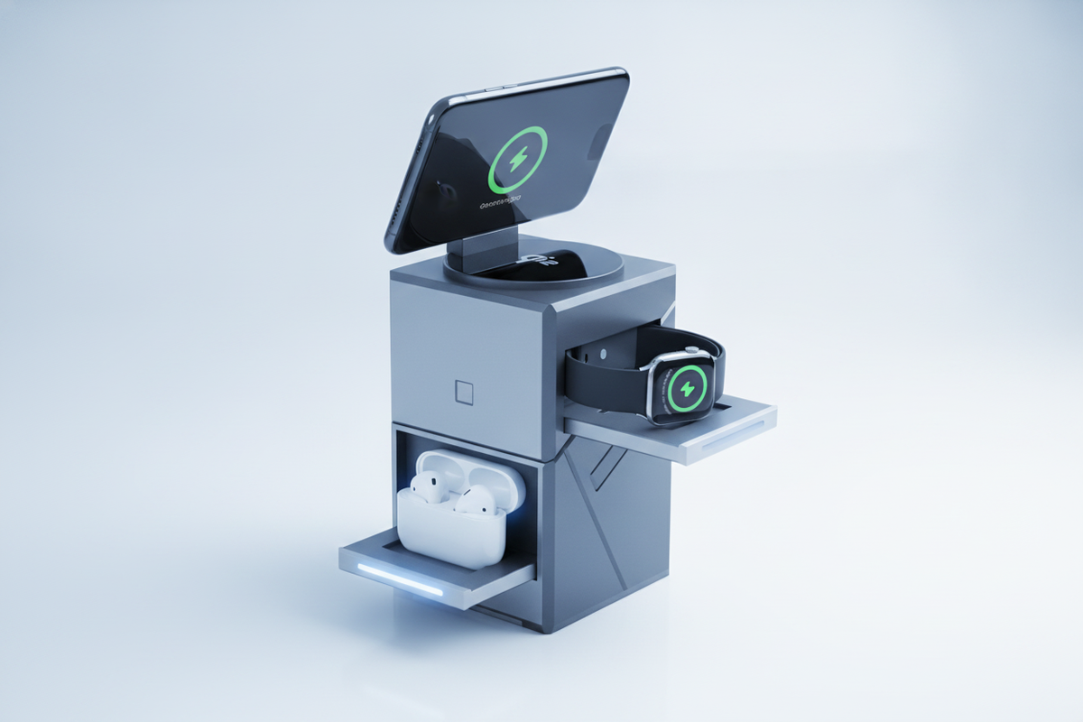 Open 3-in-1 magnetic wireless charging station with a smartphone, smartwatch, and earbuds magnetically aligned and charging o