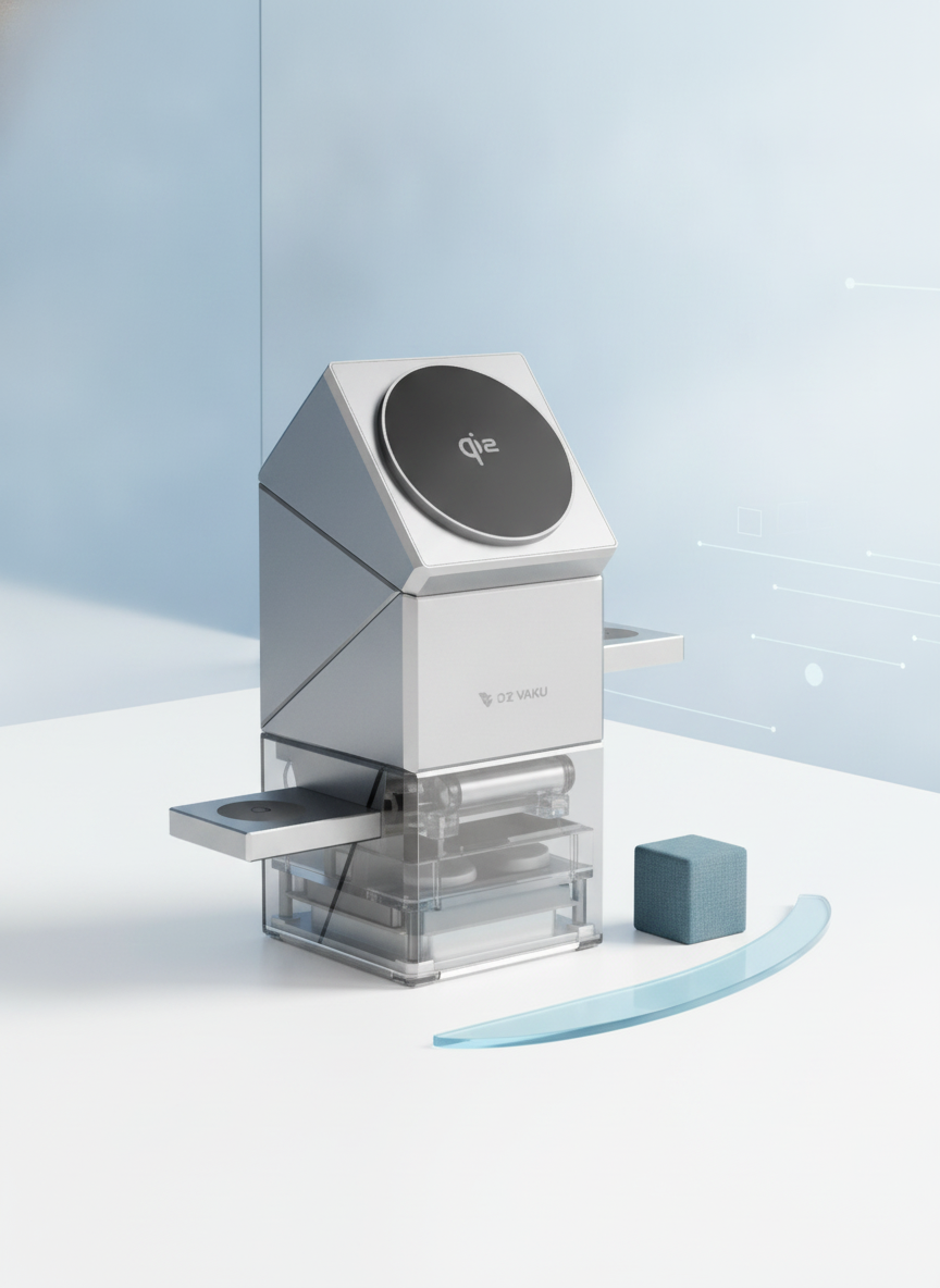 A 3-in-1 magnetic wireless charging station, twisted open to show charging pads for a smartphone, smartwatch, and earbuds.